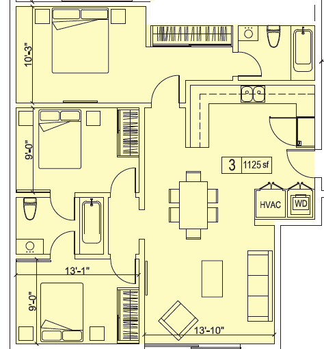 A floor plan of a house with a kitchen, living room, and bathroom.
