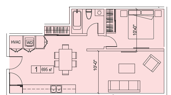 A floor plan of a room with a HVAC unit and a width of 1695 square feet.