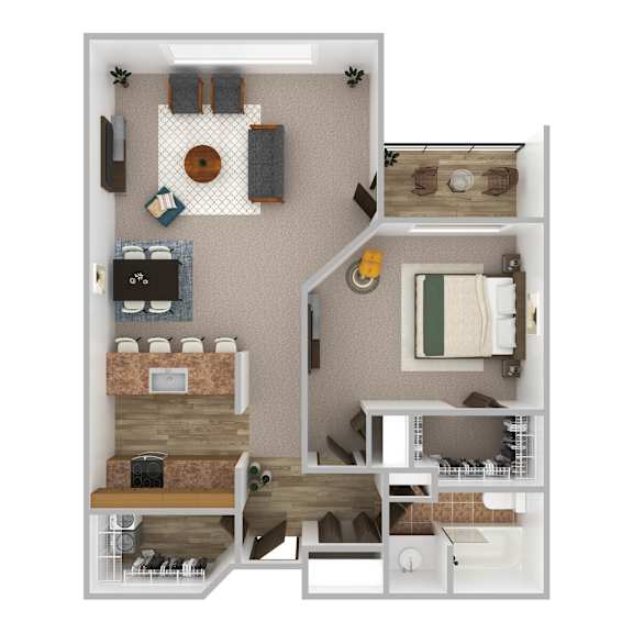 A 3D floor plan of a small apartment with a kitchen, living room, and bathroom.