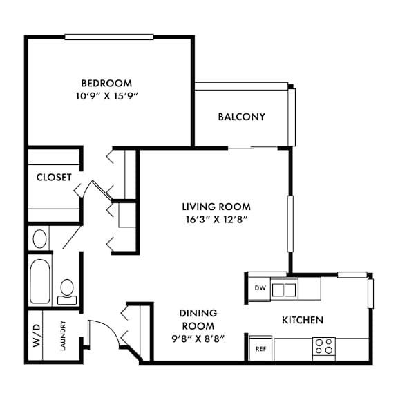A black and white image of a floor plan for a home with a bedroom, living room, kitchen, dining room, closet, and laundry area.