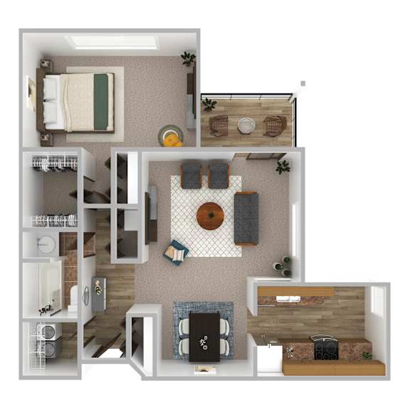 A 3D floor plan of a small apartment with a kitchen, living room, and bathroom.