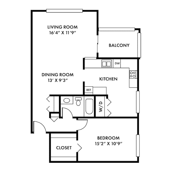 A black and white image of a floor plan for a home with a living room, dining room, kitchen, and bedroom.