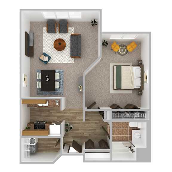 A top-down view of a small apartment with a kitchen, living room, and bedroom.