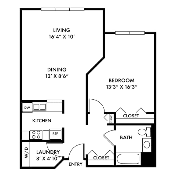 A black and white image of a floor plan for a small apartment.