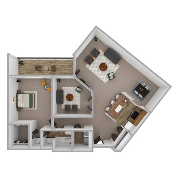 A 3D floor plan of a house with a kitchen, living room, and two bedrooms.