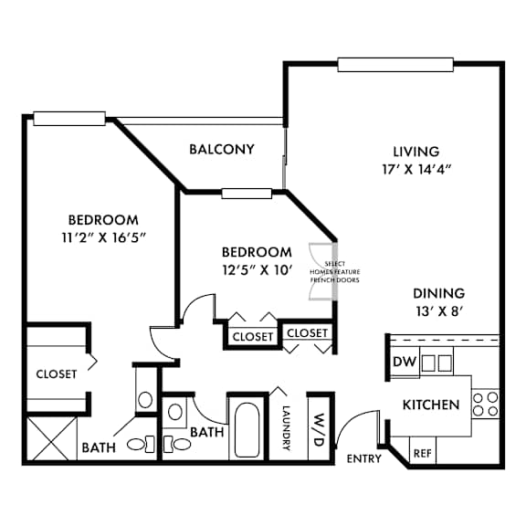 A black and white image of a floor plan for a home with two bedrooms, a living room, a dining area, a kitchen, a bathroom, and a laundry room.