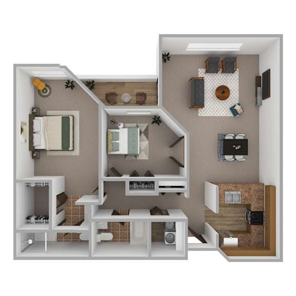 A 3D rendered image of a small apartment layout.