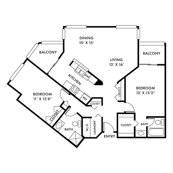 A black and white image of a floor plan for a two bedroom apartment.