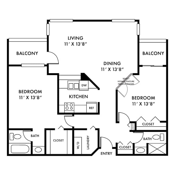 A black and white floor plan of a house with two bedrooms, a living room, a dining room, a kitchen, a bathroom, a laundry area, and two balconies.