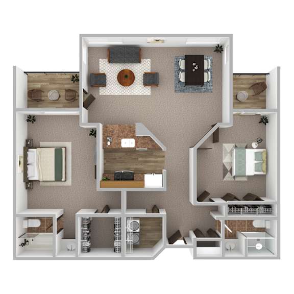 A 3D floor plan of a house with multiple rooms and furniture.
