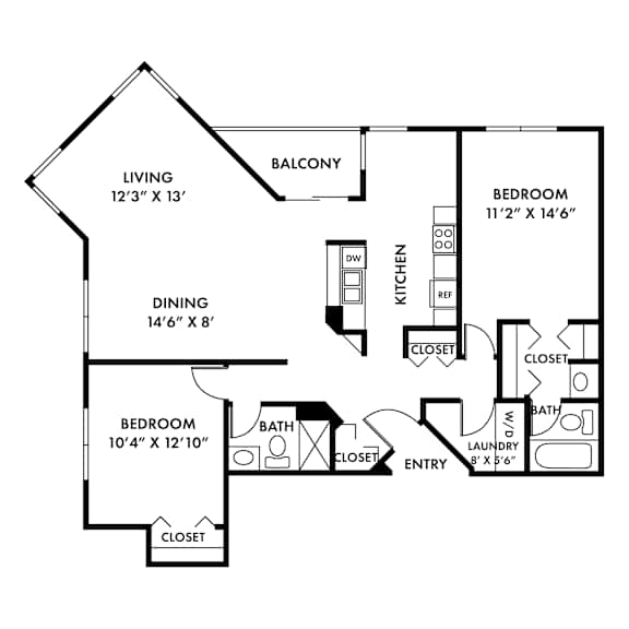 A black and white image of a house floor plan with a living room, dining room, kitchen, and three bedrooms.