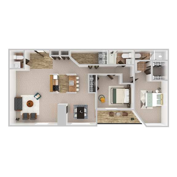 A floor plan of a house with a kitchen, living room, and bedrooms.