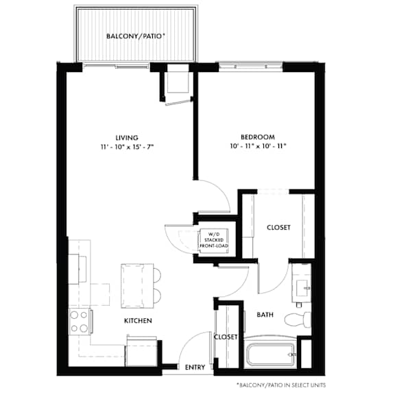 A floor plan of an apartment with a living room, kitchen, bathroom, bedroom and balcony.