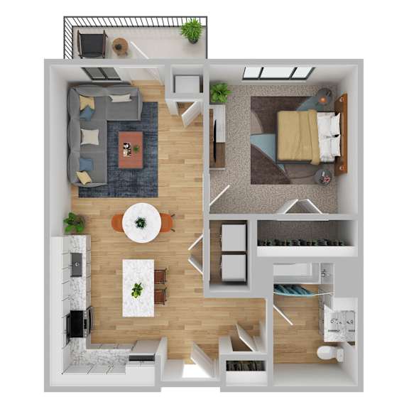 A top-down view of a modern apartment layout with a kitchen, living room, and bedroom.