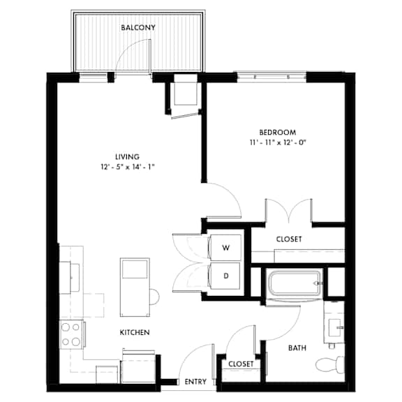 A black and white image of a floor plan for a one bedroom apartment.
