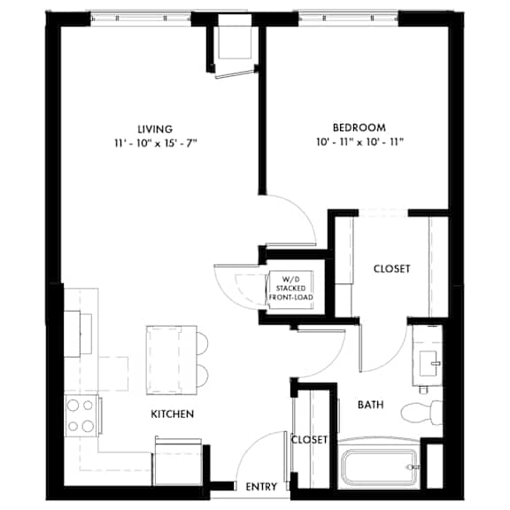 A black and white image of a floor plan for a small apartment.