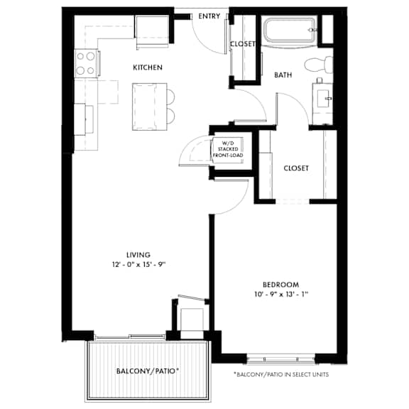 A black and white image of a floor plan for a home with a living area, kitchen, bathroom, and bedroom.