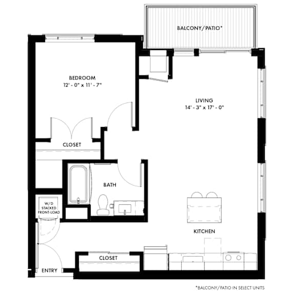 A black and white image of a floor plan for a home with a balcony/patio, bedroom, living room, bathroom, kitchen, and closets.