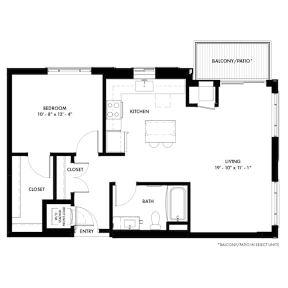 A black and white image of a floor plan for a home with a balcony and patio.