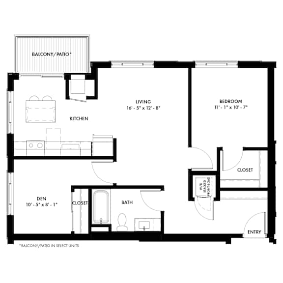 A black and white image of a floor plan for a home with a living room, kitchen, den, bedroom, bathroom, closet, and entry.