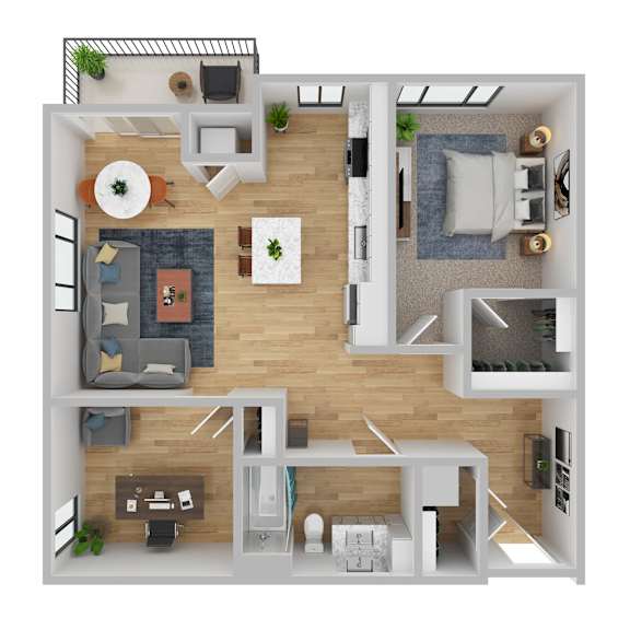 A top-down view of a modern apartment layout with a living room, kitchen, and bedroom.