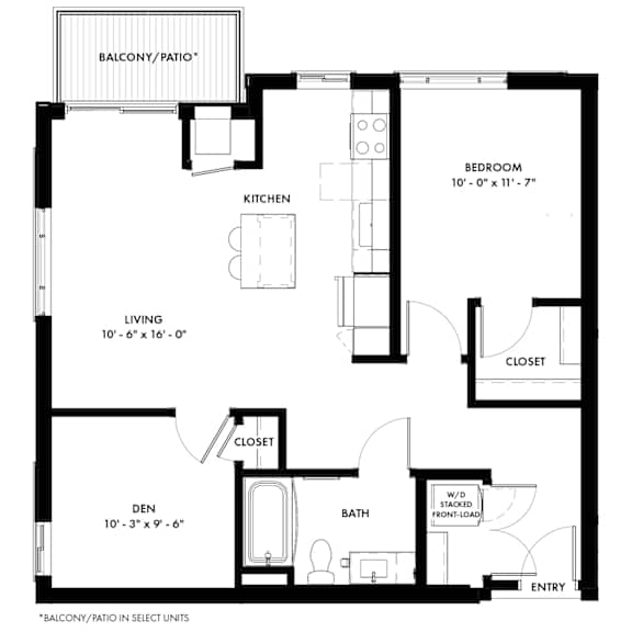 A black and white image of a floor plan for a small apartment.