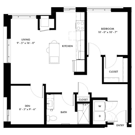 A black and white image of a floor plan for a small apartment.