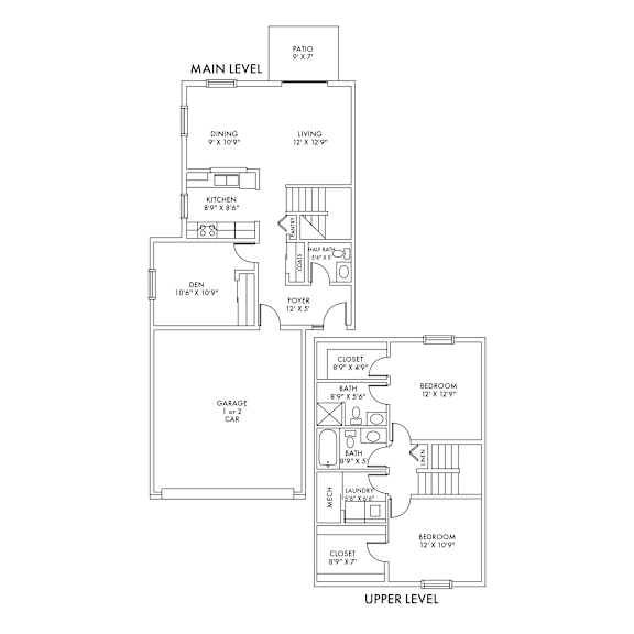 A floor plan of a two level home with a garage and two bedrooms on the upper level.