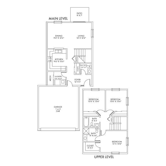 A floor plan of a house with a garage and three bedrooms.