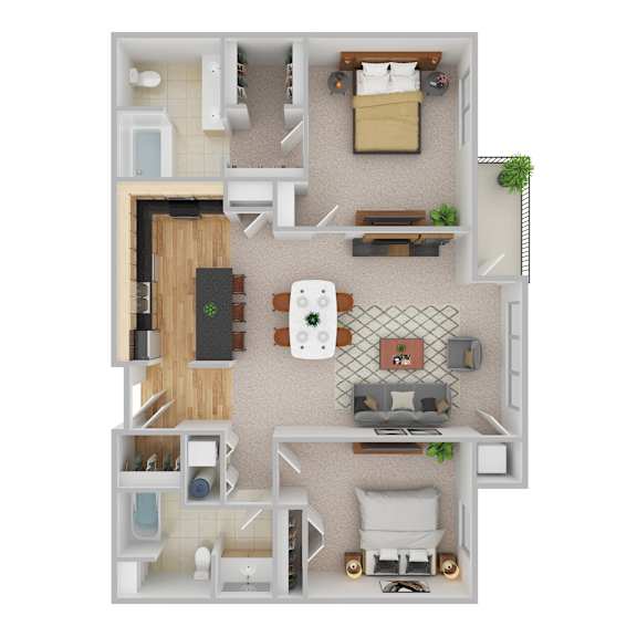 A top-down view of a small apartment with a kitchen, living room, and bathroom.