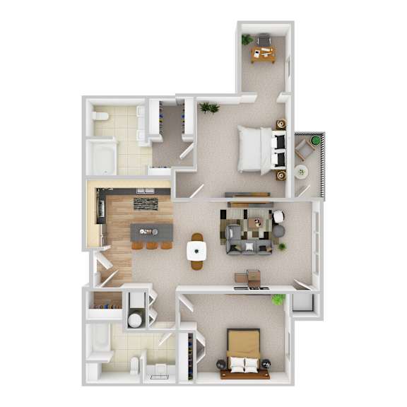 A top-down view of a small apartment with a kitchen, living room, and bedroom.