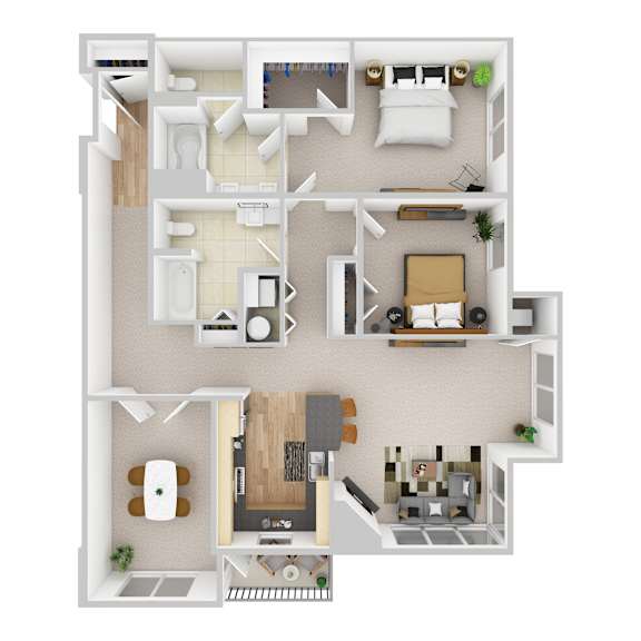 A 3D floor plan of a small apartment with a kitchen, living room, and bathroom.