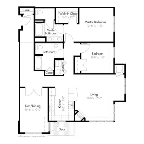 A floor plan of a house with a living room, kitchen, and two bedrooms.
