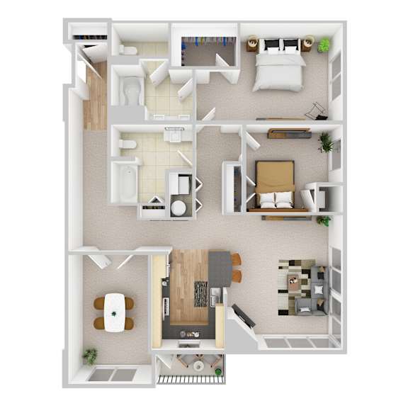A 3D floor plan of a small apartment with a kitchen, living room, and bathroom.