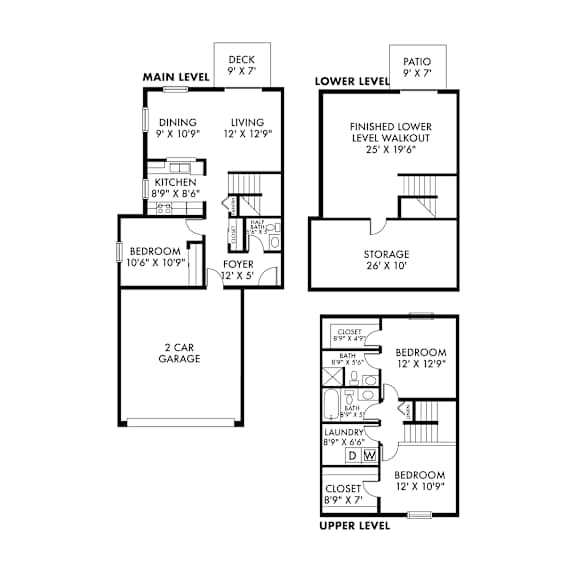A floor plan of a house with a main level, lower level, and upper level, showing the layout and dimensions of each room.