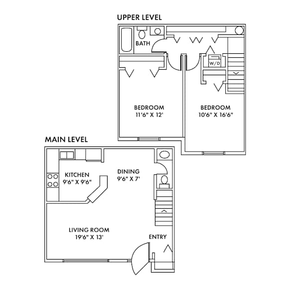 A drawing of a house with a living room, kitchen, dining room, and two bedrooms.