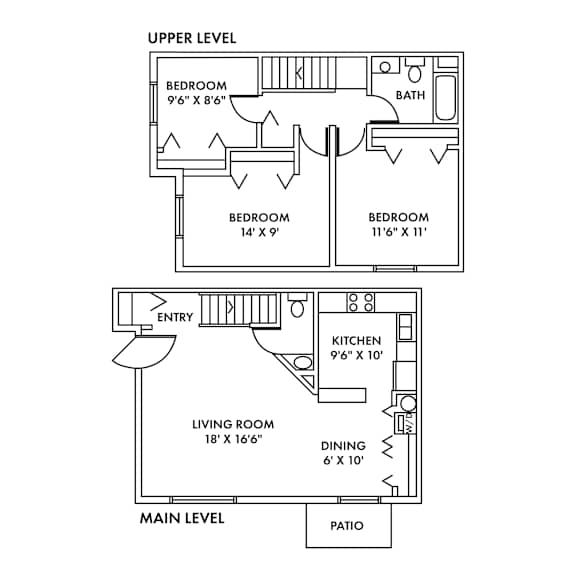 A floor plan shows the layout of the upper level and main level of a house, including bedrooms, a living room, a kitchen, a dining area, and a patio.