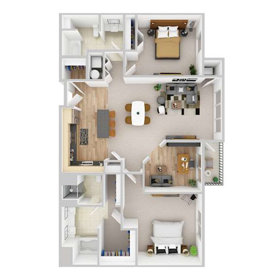 A top-down view of a two-story apartment layout.