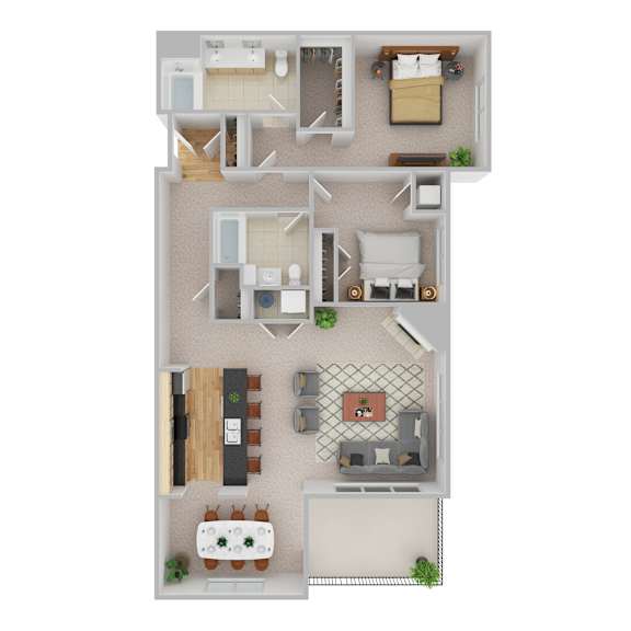 A top-down view of a house layout with a living room, dining area, kitchen, and bedrooms.