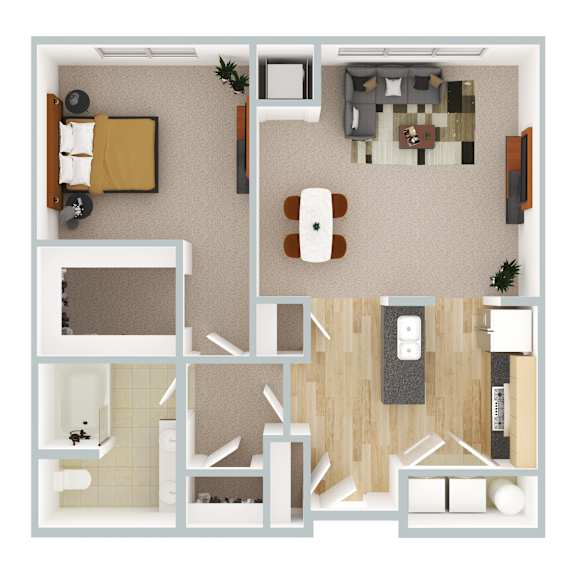 A top-down view of a living room, kitchen, and bathroom layout.