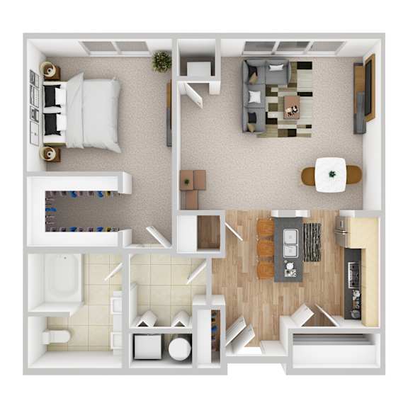 A top-down view of a small apartment with a kitchen, living room, and bathroom.