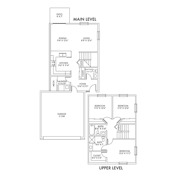 A floor plan of a two-story house with labeled rooms and dimensions.