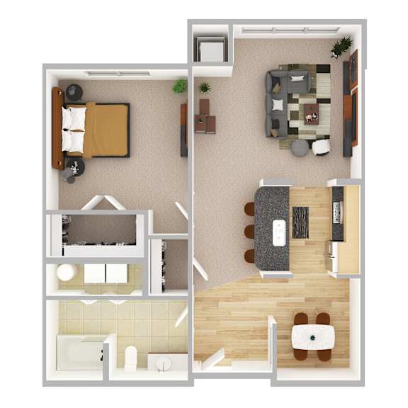 A top-down view of a small apartment with a bedroom, living room, and kitchen.