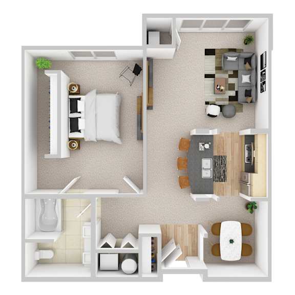 A top down view of a living room, kitchen, and dining area.