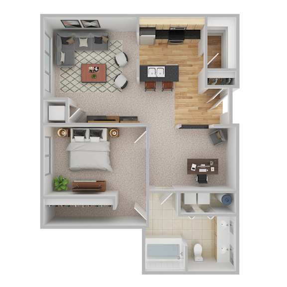 A top-down view of a small apartment with a bedroom, living room, kitchen, and bathroom.