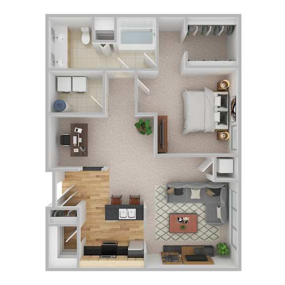 A top-down view of a small apartment with a kitchen, living room, and bedroom.