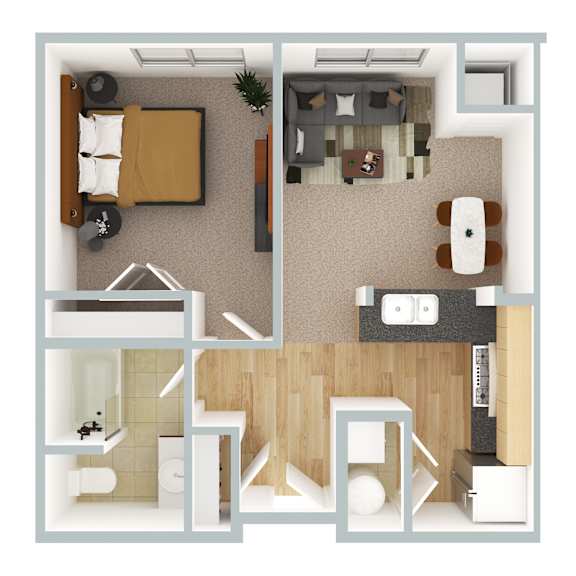 A top down view of a small apartment with a bedroom, living room, and bathroom.
