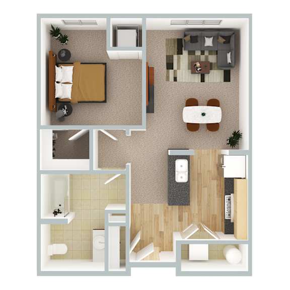 A top-down view of a small apartment with a bedroom, living room, and bathroom.