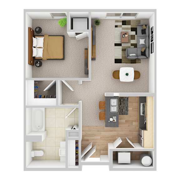A top-down view of a small apartment with a bedroom, living room, and kitchen.