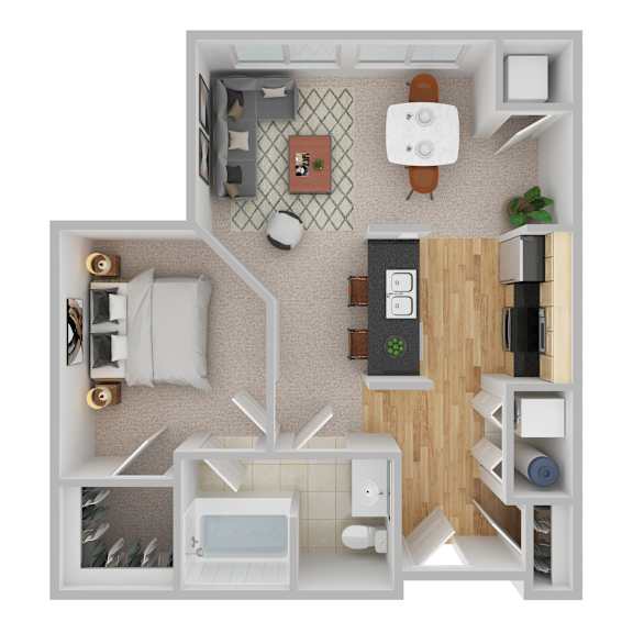 A top-down view of a small apartment with a kitchen, living room, and bathroom.